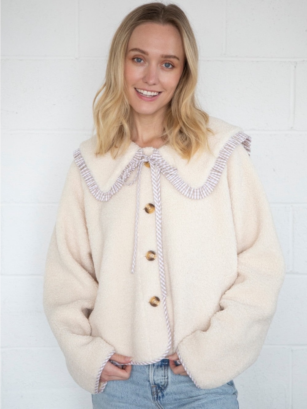 Plush Cream Teddy Jacket with Scalloped Gingham Collar